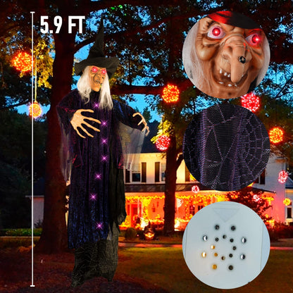 FUNPENY 6 FT Hanging Witch Outdoor Halloween Decorations, Light Up Hanging Witch with Sound Activation for Halloween Haunted House Props Party Supplies Yard Outdoor Indoor Decor