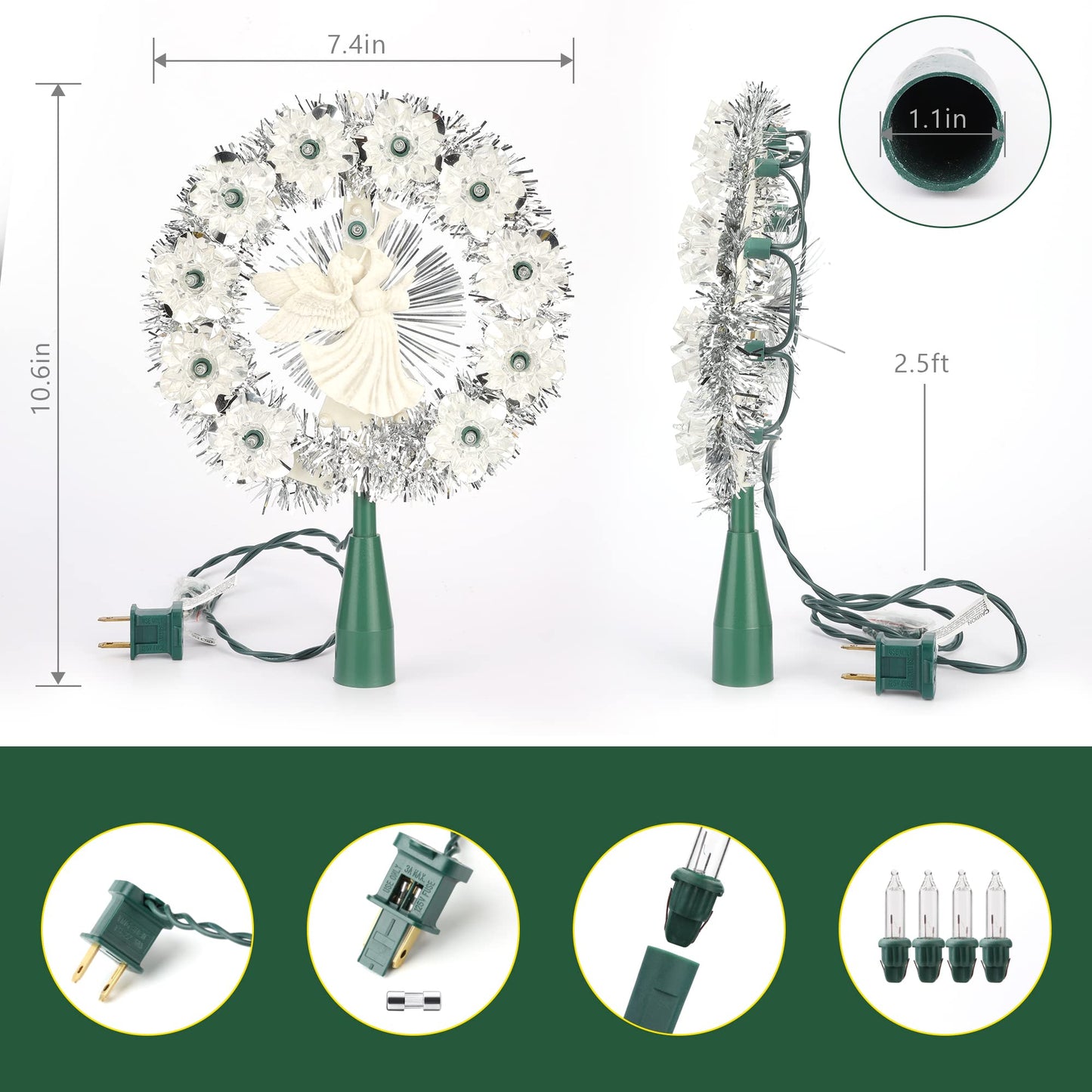 Brizled Christmas Tree Topper, 8" Lighted Angel Tree Topper with 11 Count Lights, Siver Tinsel Wreath Tree Toppers, Warm Lighted Angel Tree Topper with 10 Flowers, Plug in Treetop for Christmas Tree