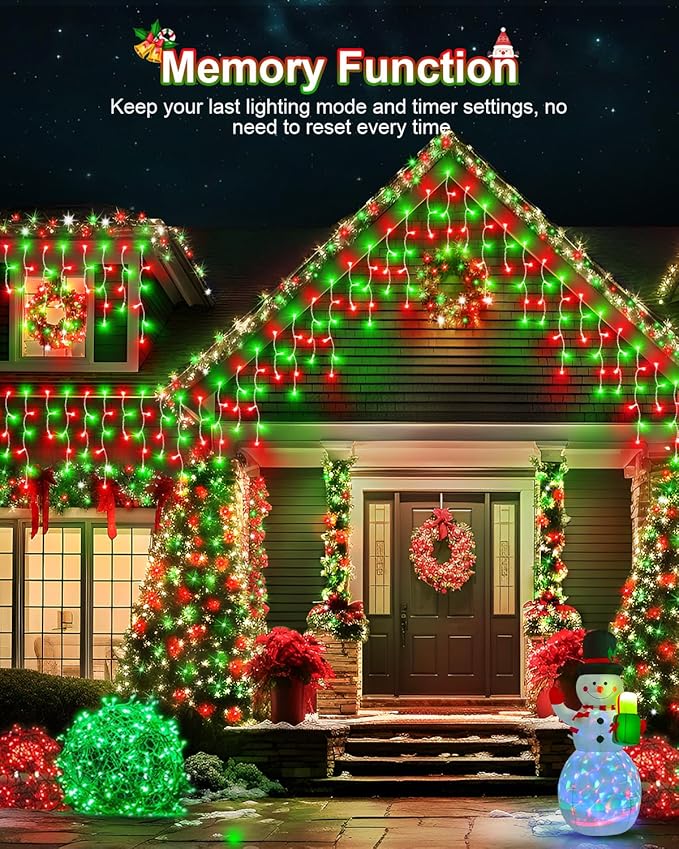 Christmas Lights Outdoor, 53 FT 486 LED Christmas Lights for Outside, Timer & Memory, Plug in 8 Modes Hanging Fairy Light with 108 Drops for House Eaves Yard Patio Decorations, Red Green
