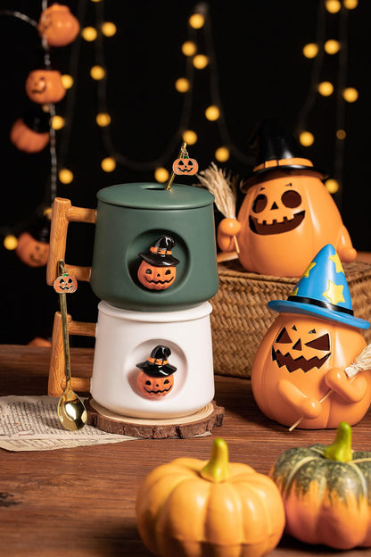 DIHOclub Adorable 3D Ceramic Pumpkin Head Mug with Lid and Spoon - Perfect for Coffee, Tea, Milk, and More - Ideal Gift for Halloween - 14 Ounces (HalloweenG)