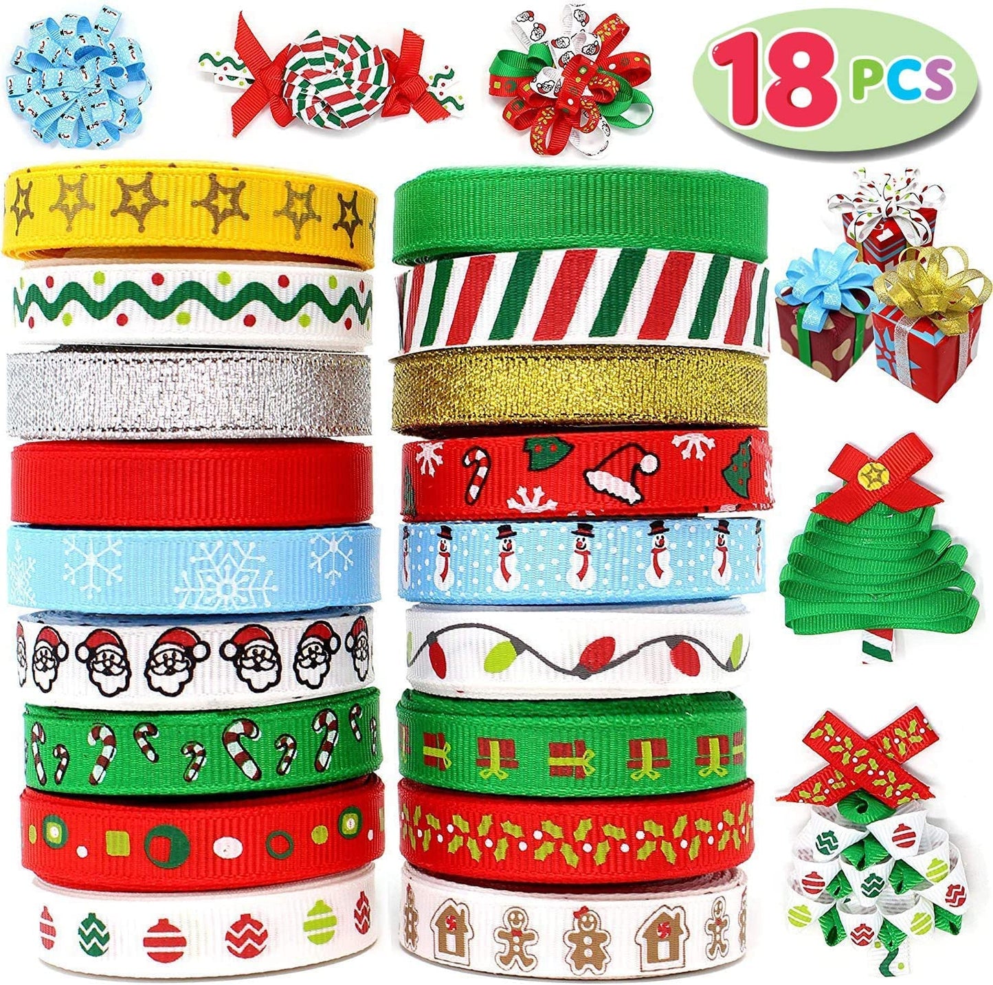 Joiedomi 18Pcs Christmas Ribbons, 90 Yard Grosgrain Satin Fabric Ribbons for Christmas Box Wrapping, Hair Bow Clips, Gift Bows, Craft, Sewing, Wedding (18PCS One-Size)