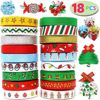 Joiedomi 18Pcs Christmas Ribbons, 90 Yard Grosgrain Satin Fabric Ribbons for Christmas Box Wrapping, Hair Bow Clips, Gift Bows, Craft, Sewing, Wedding (18PCS One-Size)