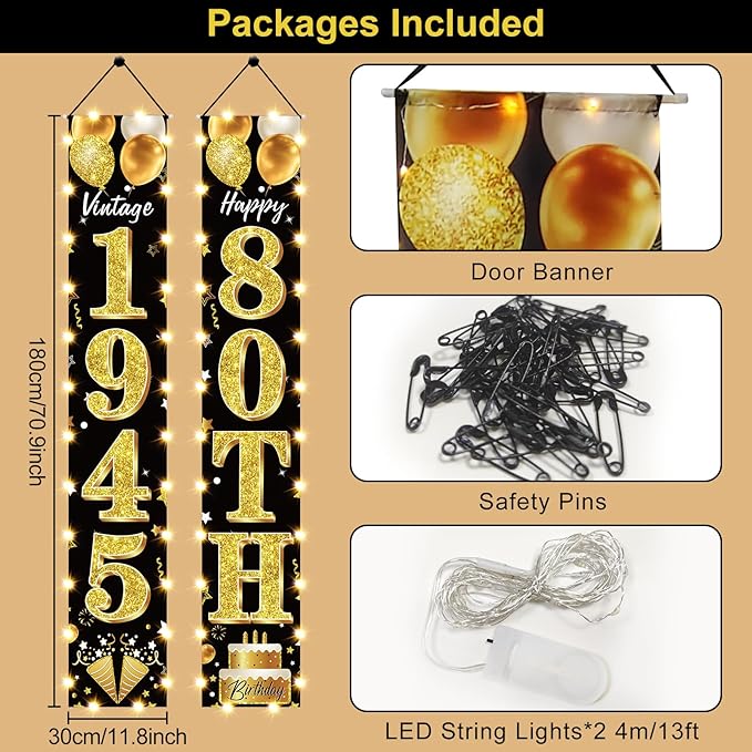80th Birthday Party Banner Lighted Decorations for Men Women - Black Gold Vintage 1945 80th Birthday Door Banners with LED Light, Eighty Years Bday Party Supplies for Indoor Outdoor Decor