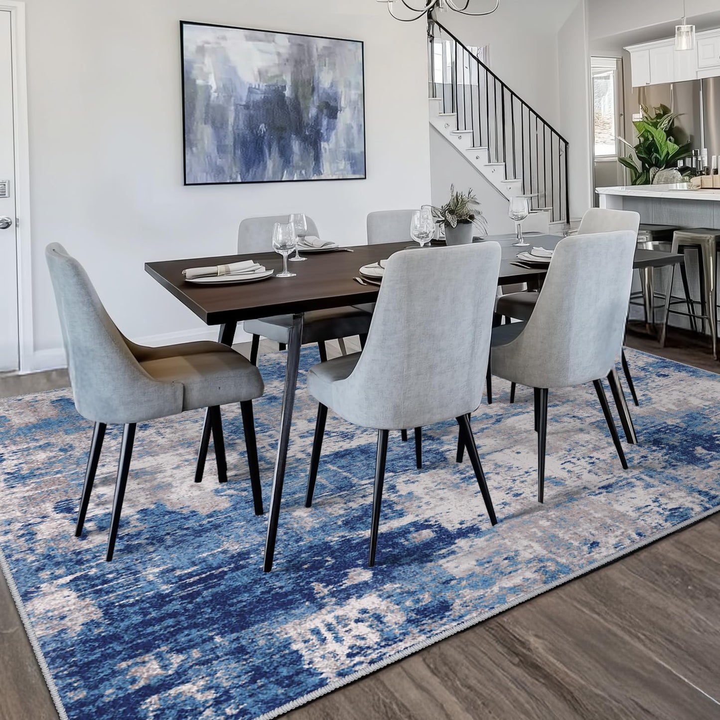 RELEANY Washable Area Rugs 3'x5' Non-Slip Modern Abstract Soft for Living Room Entryway Bedroom Kitchen, Print Pattern, Blue Grey Navy Gray