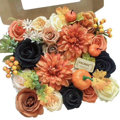 FACINOC Roses Artificial Flowers Fall Orange Black Bouquet Box Set for DIY Halloween Wreath Autumn Wedding Bridal Shower Decorations Party Table Centerpieces Fake Floral Arrangement Home Decor Indoor