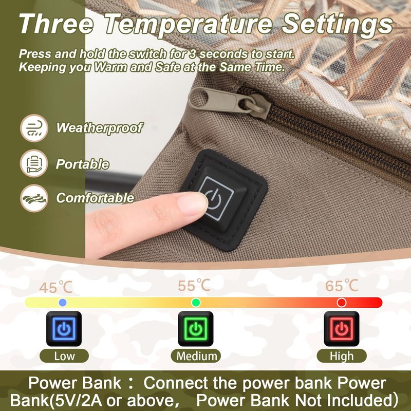 Teenyyou 1 Pack Heated Hunting Chair, Portable Low Down Hunting Seat Pad Cushion with Carry Bag, Adjustable 3 Mode Folding Chair for Turkey Blind Deer Ground Duck Fishing, No Power Bank (Brown)