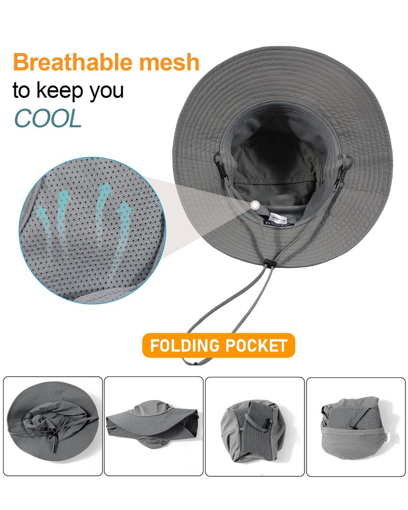 Womens Ponytail Sun Hat Packable UPF50+ Waterproof Bucket Hat Hiking Fishing Safari Hat Foldable Beach Hat Dark Grey