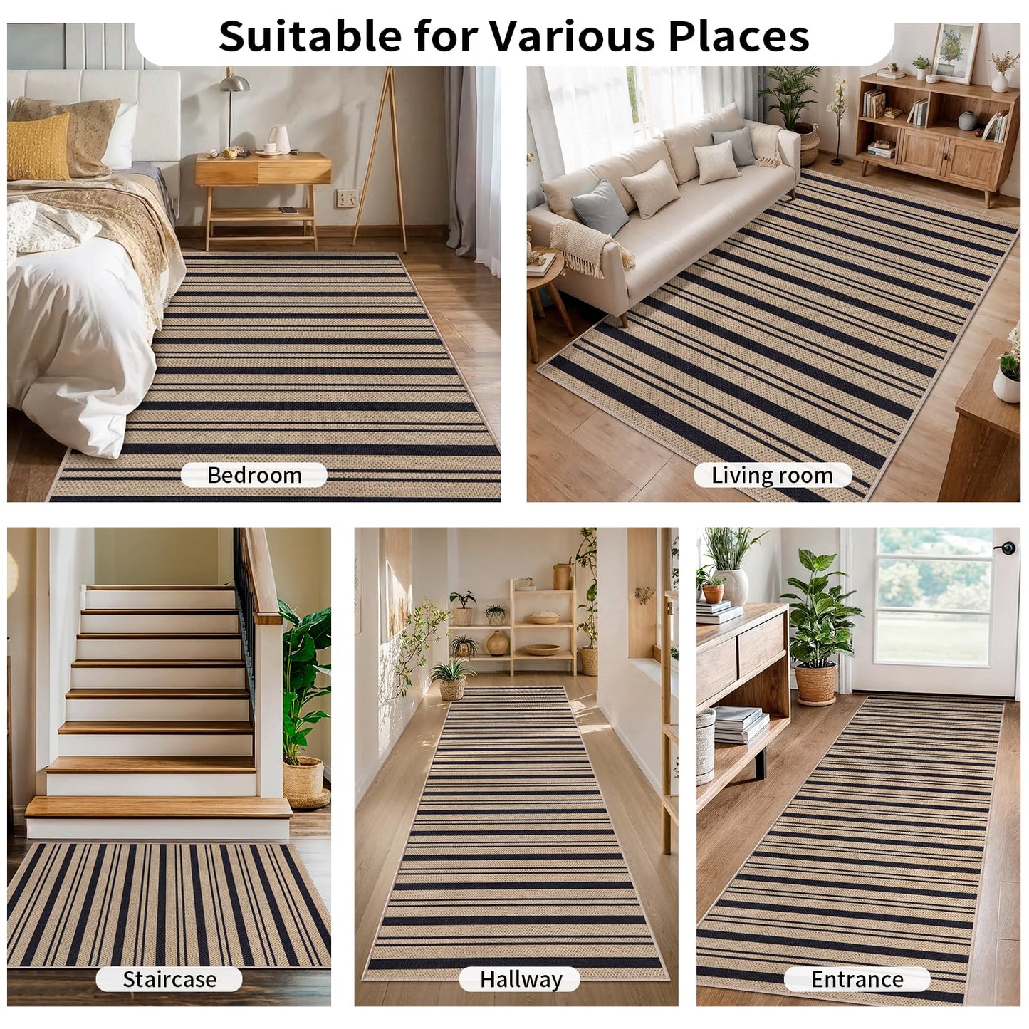 Tangsoo Stripe Easy Jute Rug,Ultra Thin 3x5 Washable Area Rug for Bedroom,Non-Slip Black Indoor Outdoor Rug Modern Farmhouse Low Pile Carpet for Patio Backyard Entryway