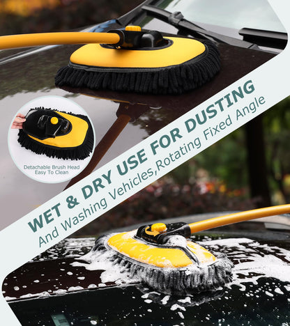 innhom 15° Curve Car Wash Brush,Telescopic Car Cleaning Brush, Microfibre Car Wash Brush Mop, Upgraded Aluminum Alloy Car Wash Brush Long Handle for Cars RV SUV Truck (Yellow( Mop and 2 Head))