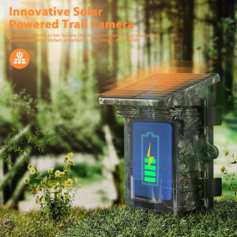 Solar Trail Camera - 4K 85MP WiFi Bluetooth Game Camera with Night Vision | Rechargeable 2500mAh Battery, IP66 Waterproof for Wildlife
