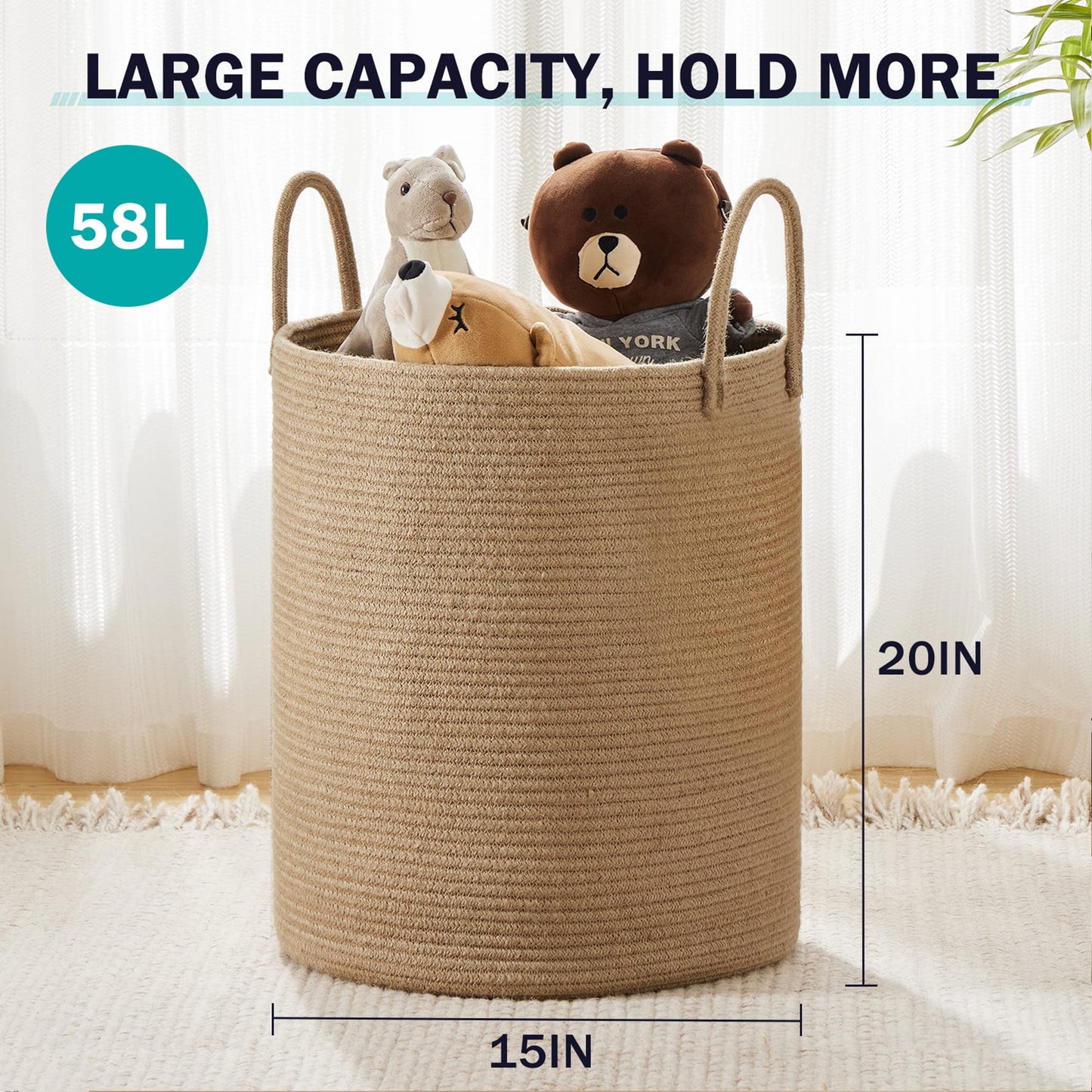 Jute Rope Laundry Hamper Basket by YOUDENOVA, 58L Tall Laundry Basket, Baby Nursery Hamper for Blanket Storage for Bedroom-Large-Jute