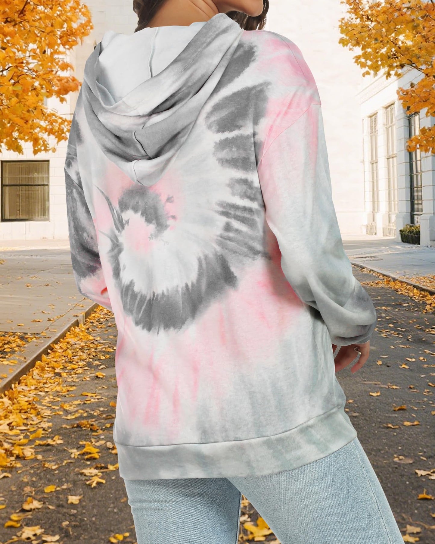 rosemia Womens 2023 Hooded Drawstring Pullover Sweatshirts Casual Long Sleeve Basis Tops Shirts(Grey Pink Tie Dye,XL)