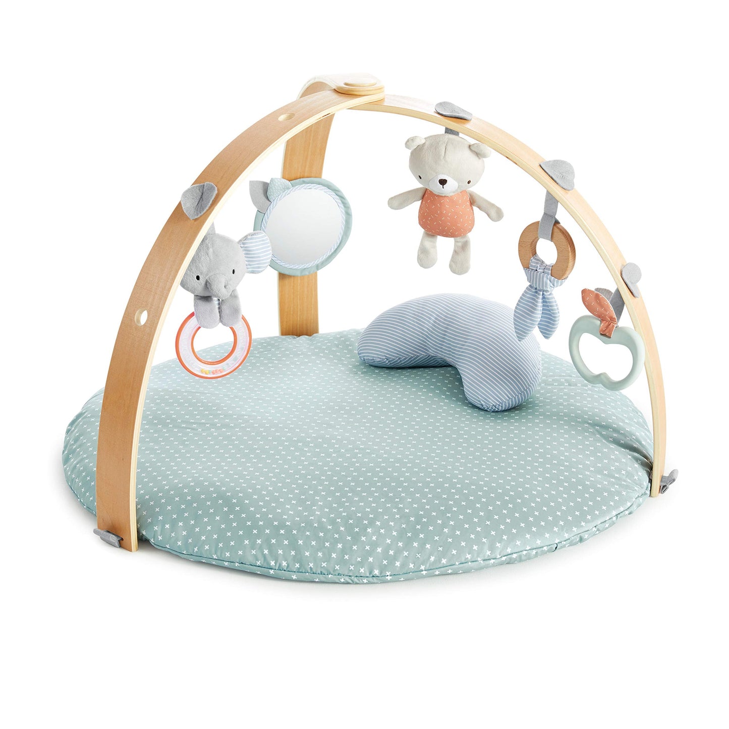 Ingenuity, Cosy Spot Reversible Duvet Activity Gym and Padded Play Mat with Wooden Removable Toy Bar, 6 Detachable Toys, Foldable for Easy Transport, Neutral Design - Loamy, Ages Newborn +