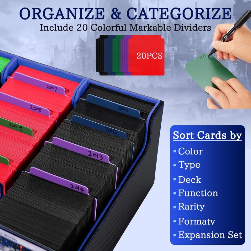 5 Row Trading Card Storage Box, 3800+Bulk Card Organizer Box with 20 Dividers & 5 Supporters, Graded Card Deck Box for YuGiOh, MTG, TCG Black/Blue