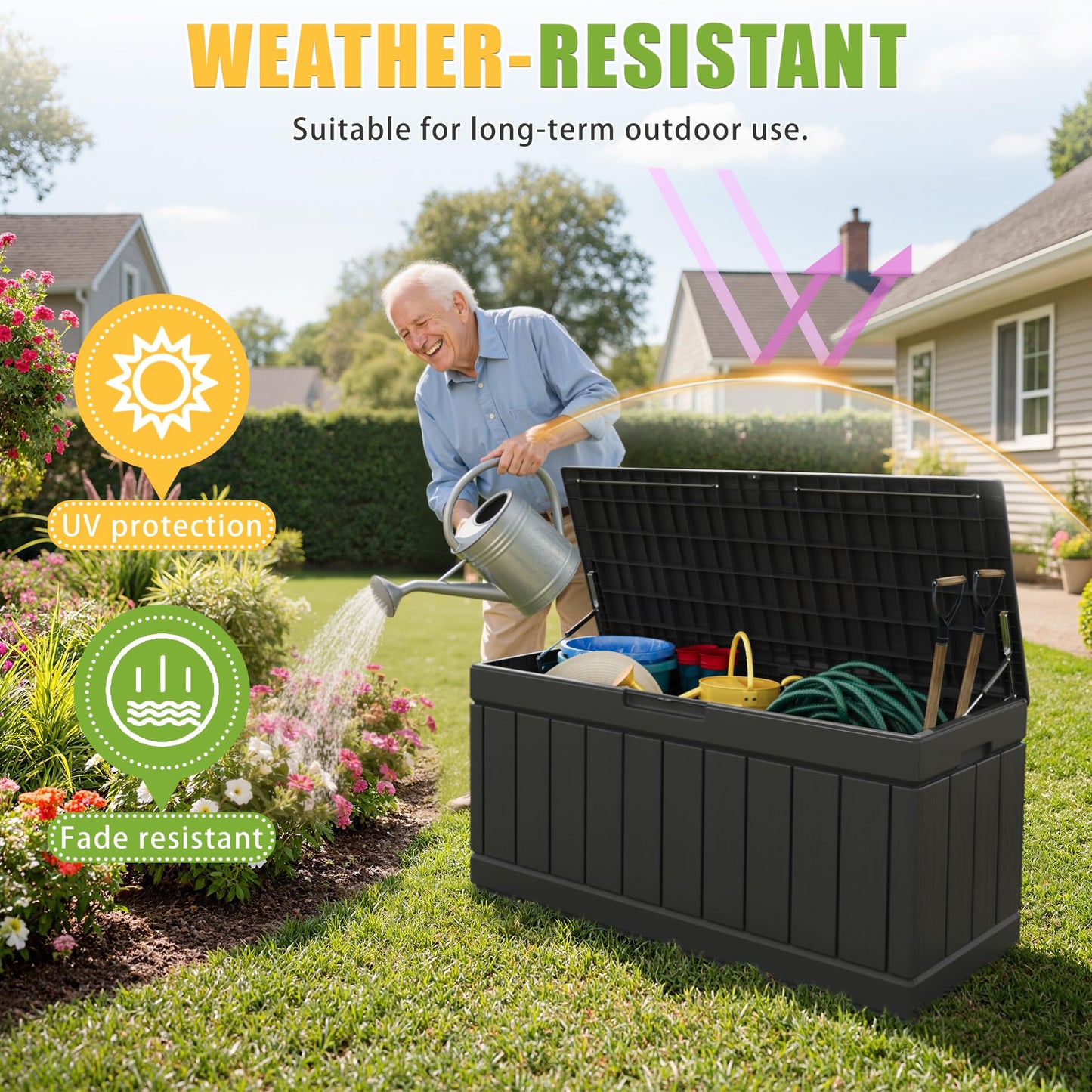 Greesum 82 Gallon Resin Deck Box Large Outdoor Storage for Patio Furniture, Garden Tools, Pool Supplies, Weatherproof and UV Resistant, Lockable, Black