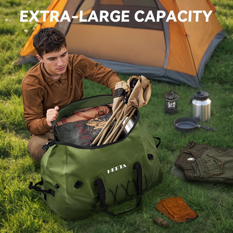 HEETA Waterproof Duffel Bag Motorcycle Dry Bag Backpack, Extra Large Rolltop Travel Duffle Bags with Straps & Handles for Kayaking Rafting Boating Canoeing Camping Gym Beach (Green, 60L)