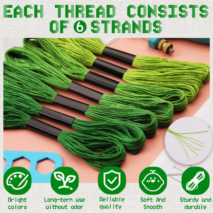 Dercuy 25 Skeins Green Series Cross Floss Stitch Thread, 8m Cotton Embroidery Floss Set with Plastic Bobbins & Needle