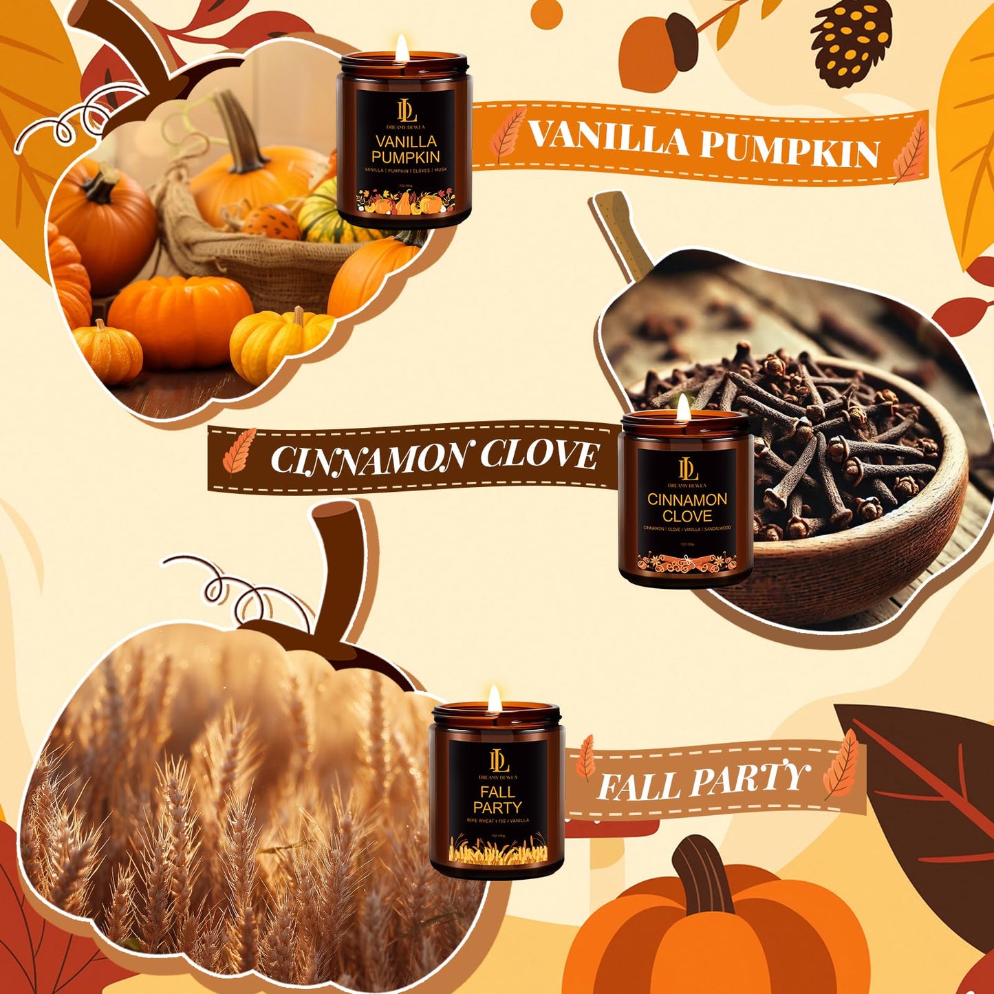 Fall Candle Set, Fall Scented Candles for Home, 6 Pack Soy Candle Set, Autumn Gifts for Women Men, Autumn Scents of Vanilla Pumpkin/Cinnamon Clove/Apple Pie/Harvest Spice/Sugar Cookies/Fall Party