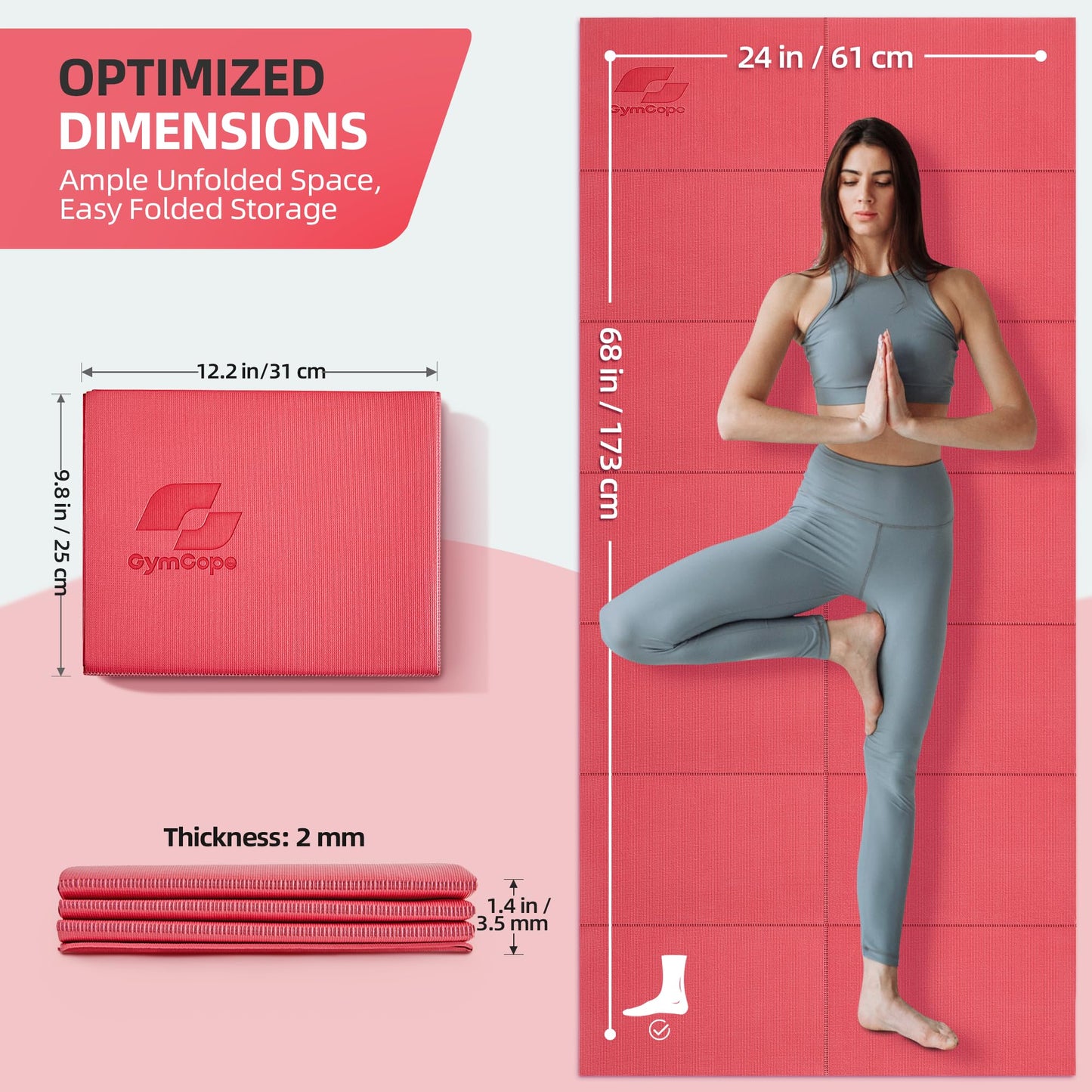 GymCope Foldable Yoga Mat for Travel, 68"x24" Folding Travel Gym Mat for Women Yoga Studio, Packable and Portable Pilates Mat with Storage Bag Easy to Carry, Lightweight Travel Workout Mat, 2mm/4mm