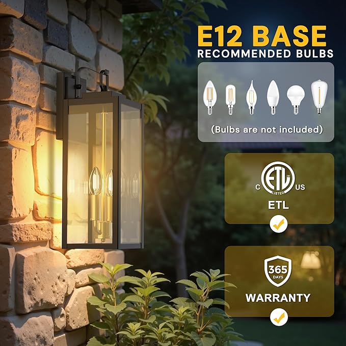 L LOHAS LED 18" Dusk to Dawn Outdoor Wall Lights, 2-Light Black and Gold Outdoor Wall Sconce Lantern with Clear Glass, Tall Transitional Exterior Light Fixtures for Porch, Garage, ETL Listed, 2 Pack