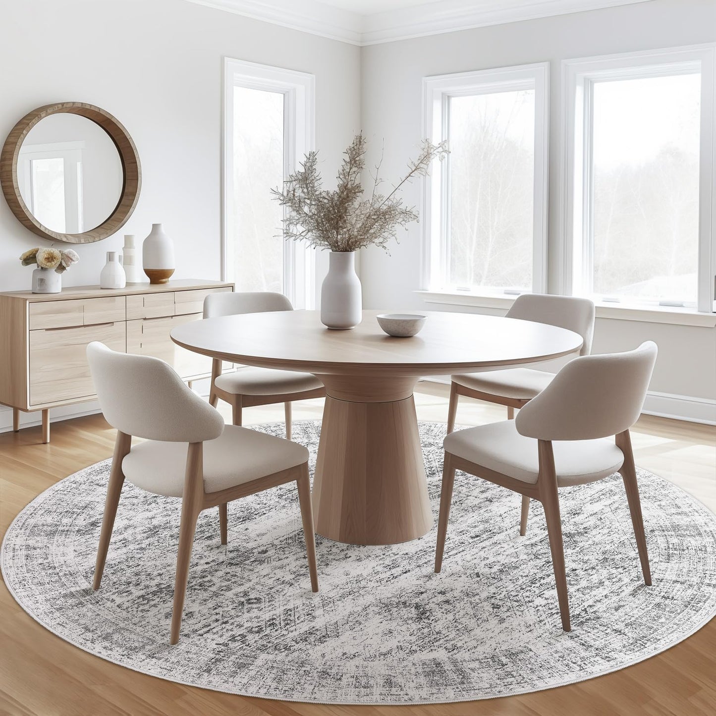Soalmost 6x6 Grey Round Rug 6ft Living Room Circle Rug Gray Vintage Round Area Rug Non Slip Indoor Carpet for Dining Room Bedroom