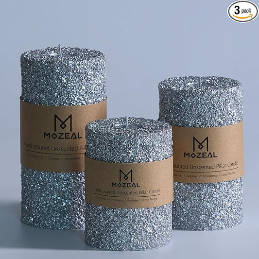 MOZEAL Hand-Poured Granular Texture Decorative Silver Pillar Candles Set of 3 (3"x4", 5", 6"), pprox 300 Hours Burn Time Dripless, Unscented, Smokeless, for Elegant Wedding, Luxury Party Décor