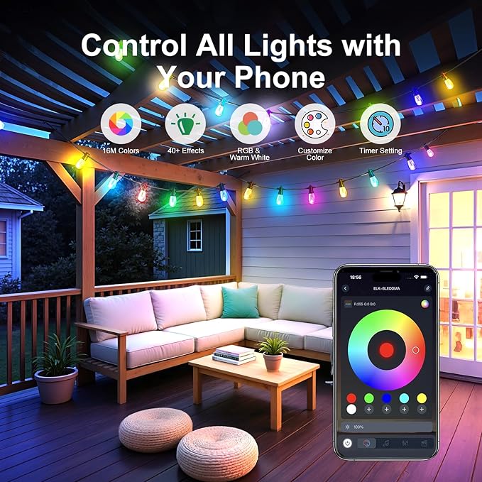 Outdoor String Lights 48ft, Patio Lights with 15 Dimmable LED Bulbs, RGBW & Warm White, IP66 Waterproof, Shatterproof, APP & Remote Control, Color Change, Customizable Colors for Backyard Decor