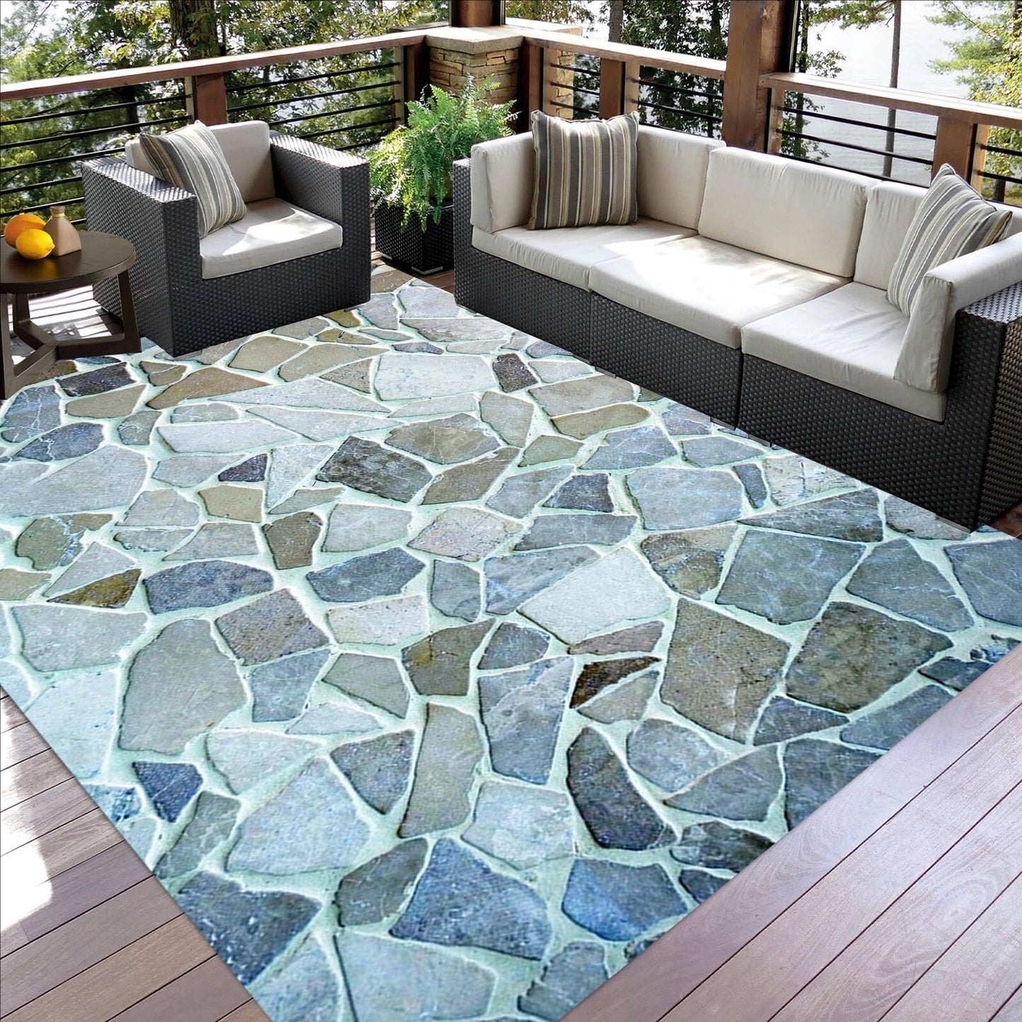 Rustic Stone Rock 5x7 Outdoor Patio Rug for Balcony Deck Garden Camping Pool RV Floor Carpets 3D Visual Illusion Home Deco Machine Washable Non Slip Waterproof Lightweight Low Pile Outside Rugs