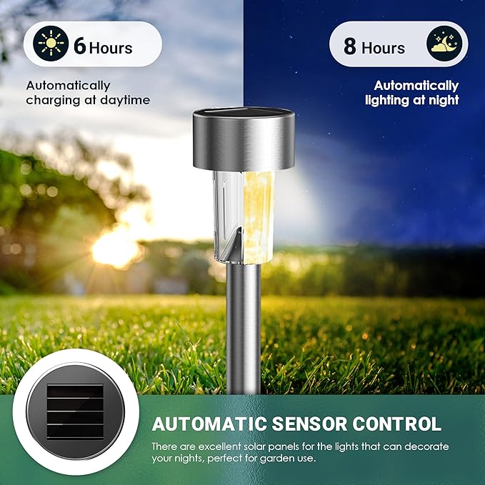 GIGALUMI 16 Pack Solar Path Lights Outdoor,Solar Lights Outdoor Waterproof,Stainless Steel LED Landscape Lighting,Solar Garden Lights for Driveway,Pathway,Patio,Yard