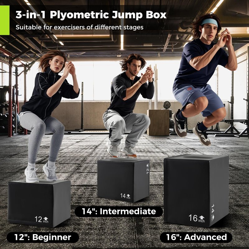 GYMAX Plyometric Jump Box, 3 in 1 Plyo Jumping Training Box with Non-Slip & Easy-to-Clean PU Cover, Heavy Foam Exercise Trainer for Home Gym, Multiple Options (16 x 14 x 12 inch)