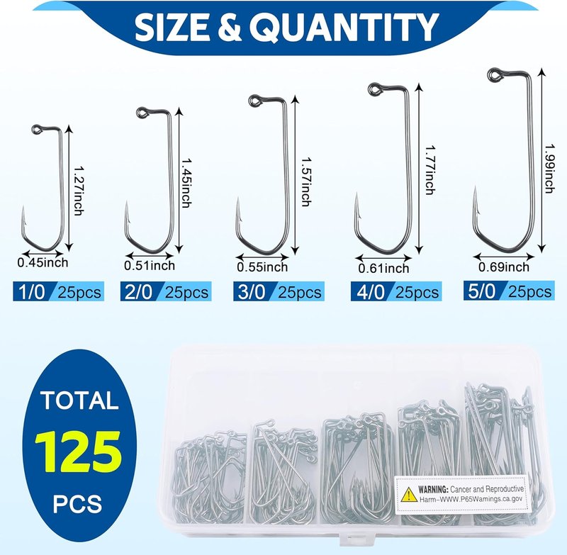 SILANON 90° Aberdeen Jig Hooks Kit - 125pcs High Carbon Steel Fishing Hooks for Saltwater & Freshwater | Sizes 1/0-5/0