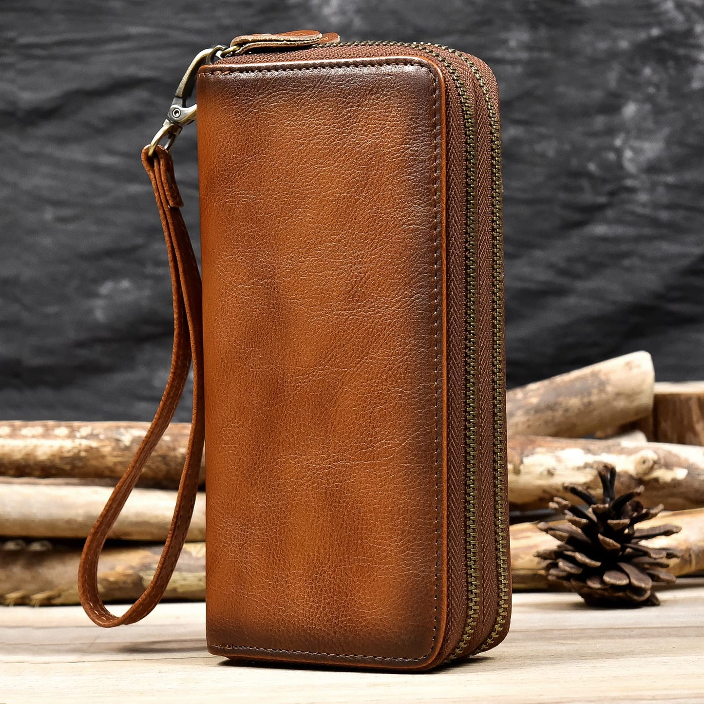 LUUFAN Men's Genuine Leather Clutch Bag Double Zipper Purse 4 Interlayer Zip-Around Wallet (Brown 4)