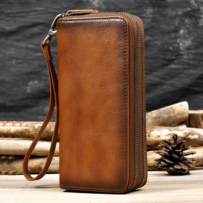 LUUFAN Men's Genuine Leather Clutch Bag Double Zipper Purse 4 Interlayer Zip-Around Wallet (Brown 4)