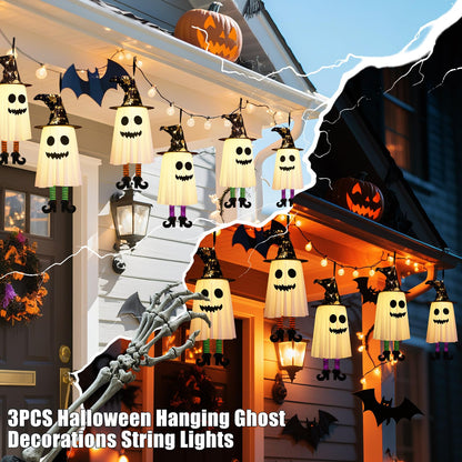 3 Packs Halloween Hanging Ghosts Decorations Outdoor Indoor, Spooky Glowing Ghost Witch Hat Striped Stockings High Heels String Lights 3 Modes Patio Yard Front Porch Tree Party(Contains 18 Batteries)