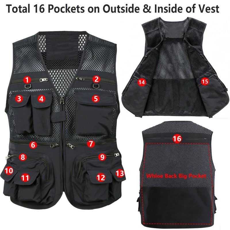 HUNTURE Mens Fishing Vest, Black Mesh Vest and Hat Gloves Cooling Neck Gaiter Set for Hiking Travel, Multi Pocket Summer Safari Vest