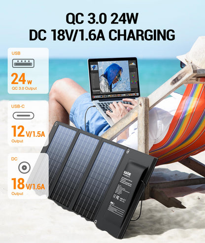 BLAVOR 30W Solar Charger USB-A QC3.0 24W USB-C DC 30W Outputs, Foldable Solar Panel for Camping, IPX4 Waterproof, Solar Battery Charger Compatible with Solar Generators, Phones, Tablets