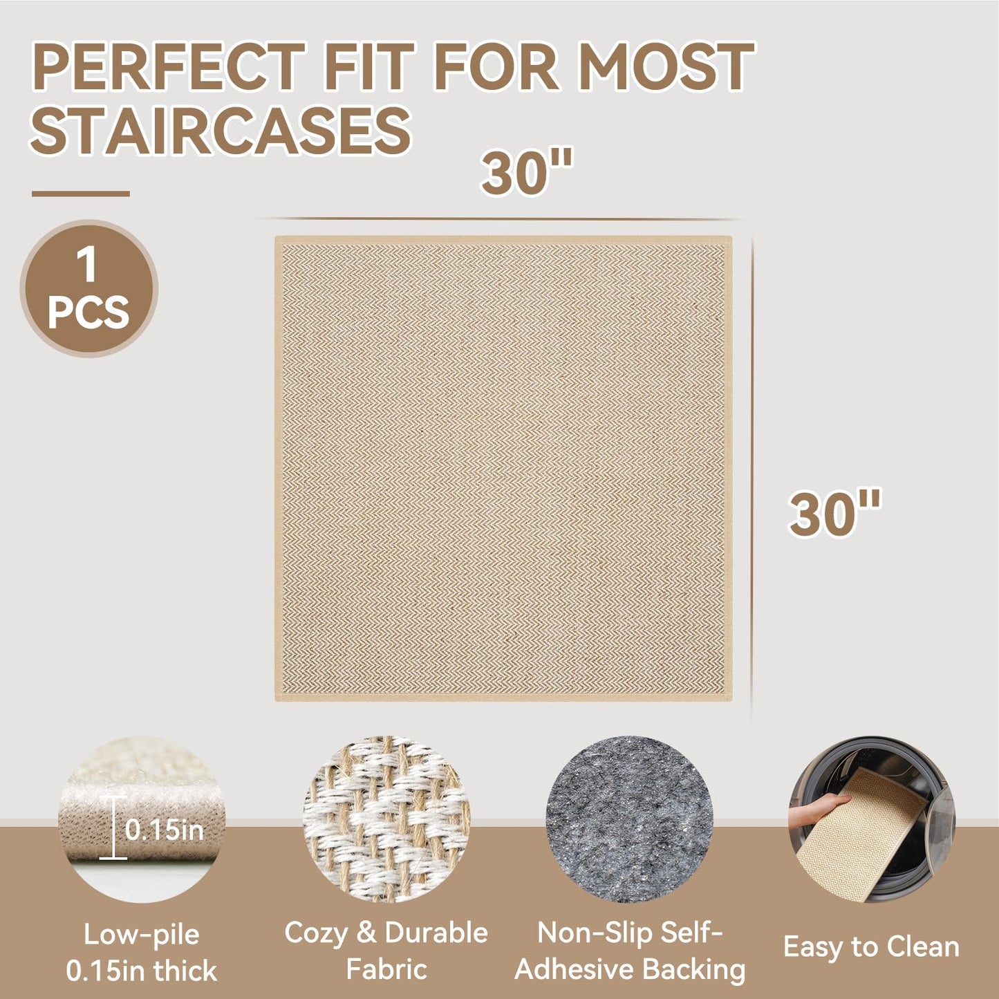 YDKGL Square Stair Treads Non Slip Indoor Wooden Steps Indoor, Peel and Stick Stair Runner Rugs, Reusable Adhesive Stair Carpet Treads Mat for Kids Elders Pets, Easy to Install, Beige 1 Pack 30" x 30"