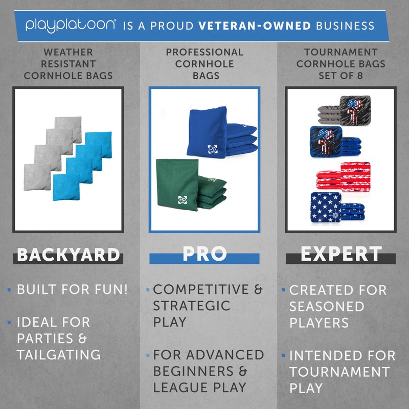 Play Platoon Professional Cornhole Bags - All Weather Dual Sided Corn Hole Bags Set of 8 - Improved Regulation American Flag Bean Bag for Cornhole Game - 4 Stars & 4 Stripes