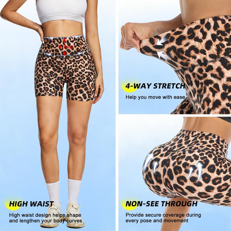 FULLSOFT High Waisted Biker Shorts for Women-5" Tummy Control Fitness Athletic Workout Running Yoga Gym Soft Shorts (Leopard,Large-X-Large)