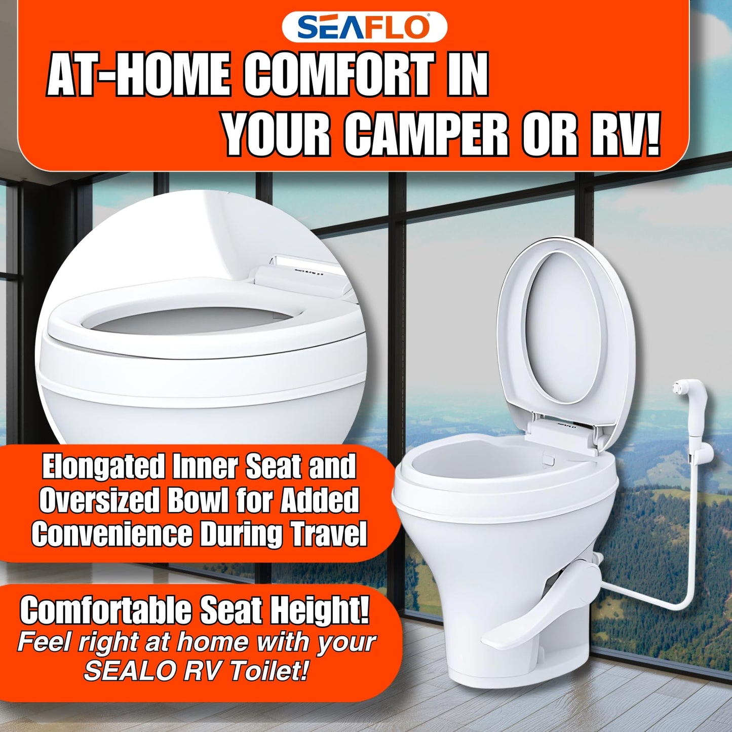 SEAFLO Residential Height Camper/RV Toilet with Sprayer Attachment, 18.5” Standard Height, Gravity Flush System, Foot Pedal Operation, Soft Close Seat, 4-Year Warranty (With Sprayer Attachment)