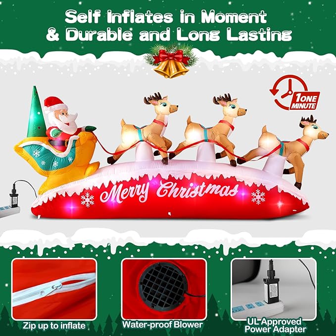 Danxilu Christmas Inflatables 10 FT Long Santa Sleigh with Reindeer Outdoor Decorations, Built-in Colorful LEDs Santa Claus Deer Sled Blow Up Yard Decoration for Outside Lawn Holiday Xmas Decor