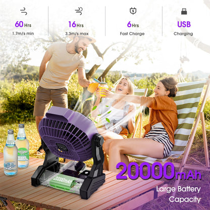 JINLICTE Camping Fan with LED Lantern, 20000 mAh 9 Inch Portable Rechargeable Battery Powered Fan with Stepless Speed and Quiet Battery Operated for Tent, Picnic, Barbecue, Fishing, Travel, Home