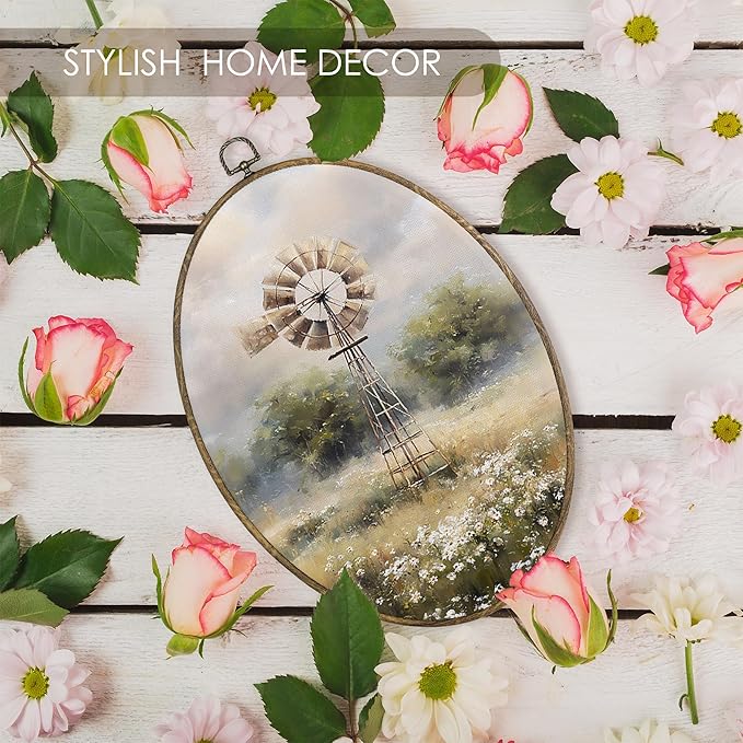 Fewgb Vintage Farmhouse Windmill Oval Wall Art Decor Framed, Rustic Country Canvas Wall Art Prints Picture, Cottagecore French Country Hanging Room Decor Artwork for Kitchen Bedroom Bathroom 9x12