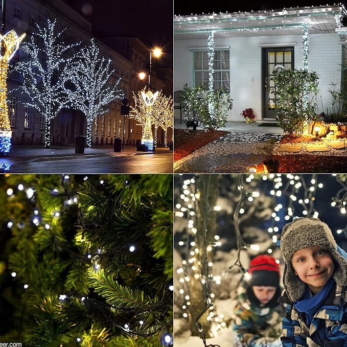LJLNION 1000LED Christmas Lights, Extra Long 328FT Xmas Green Wire Fairy String Lights Plug in Outdoor, Remote Control & 8 Lighting Modes, Waterproof for Wedding Party Bedroom Decorations, White