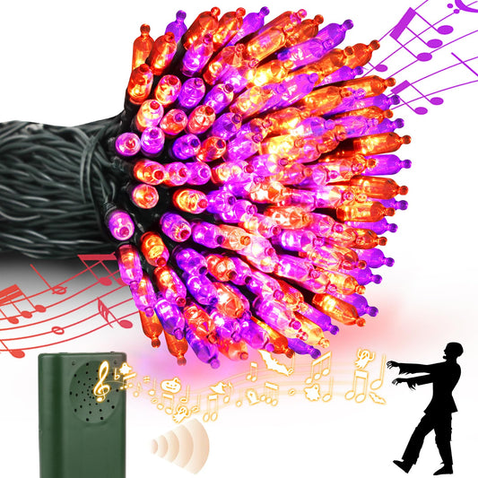 Green Convenience Halloween Lights 33ft 100 LED Battery String Lights with Motion Sensor Spooky Music or Battery Powered Orange & Purple 2 Colors in 1 Waterproof Halloween Indoor Outdoor Decor