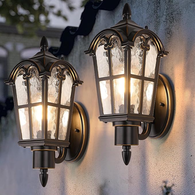 Outdoor Wall Light Fixtures, Black & Gold Exterior Waterproof Porch Lights, Vintage Outside Wall Sconces with Water Ripple Glass for House Front Door Garage, 2 Pack