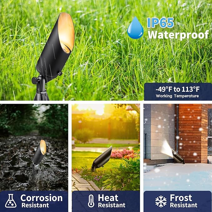 Gardenreet Brass Spot Light Low Voltage - Outdoor Landscape Spotlights, 12V Landscaping LED Uplights, Hard-Wired All Weather Black for Backyard Lawn with Warm White Changeable Bulbs (8 Pack)