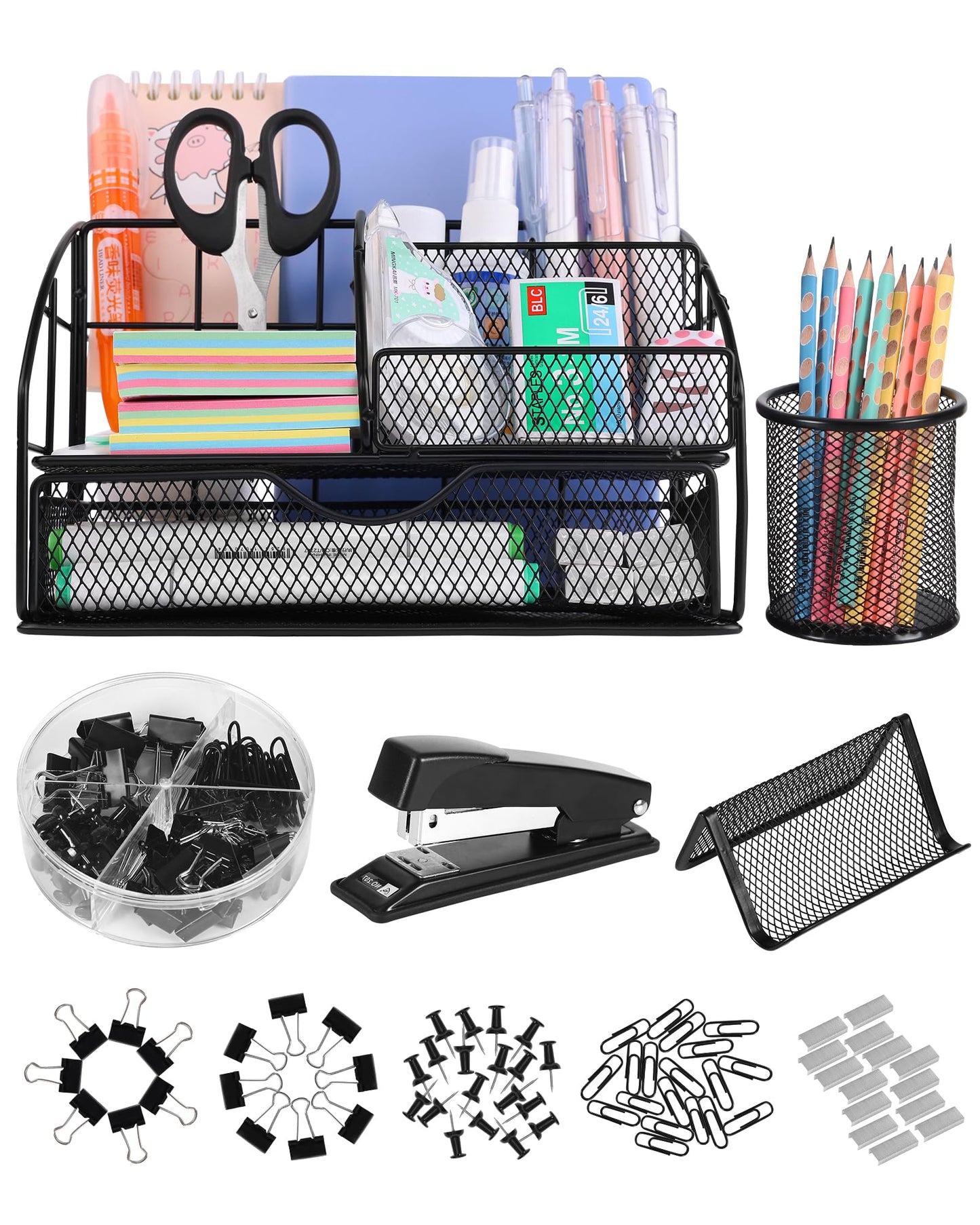 AOFUXTI Office Supplies Desk Organizer - Desk Organizers and Accessories, Supplies Set with Pen Holder, Stapler and 72 Clips Set for Office, Home, School, Black