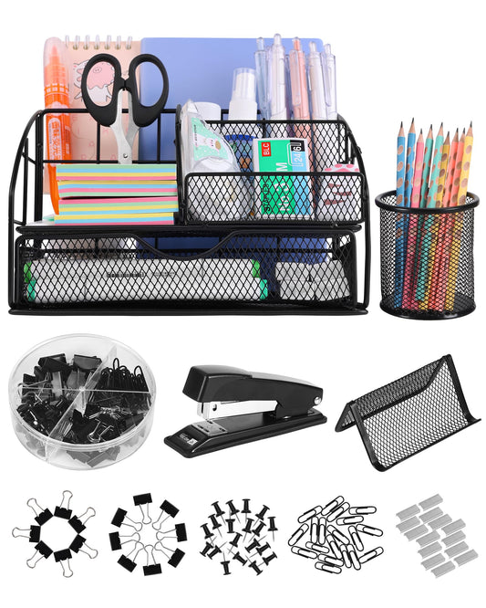 AOFUXTI Office Supplies Desk Organizer - Desk Organizers and Accessories, Supplies Set with Pen Holder, Stapler and 72 Clips Set for Office, Home, School, Black