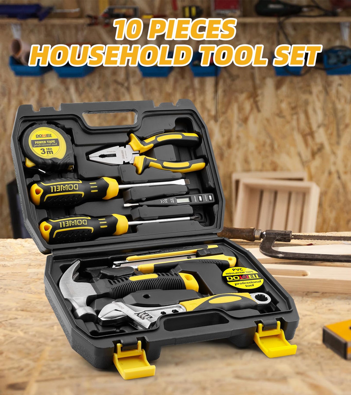 DOWELL 10 Piece Small Tool Kit,Mini Portable Tool Set,Home Repair Hand Tool Kit with Plastic Tool box Storage Case